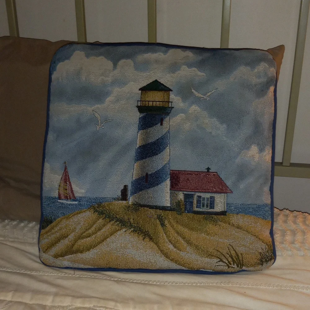 Lighthouse Boat Beach House Summer Tapestry Pillow